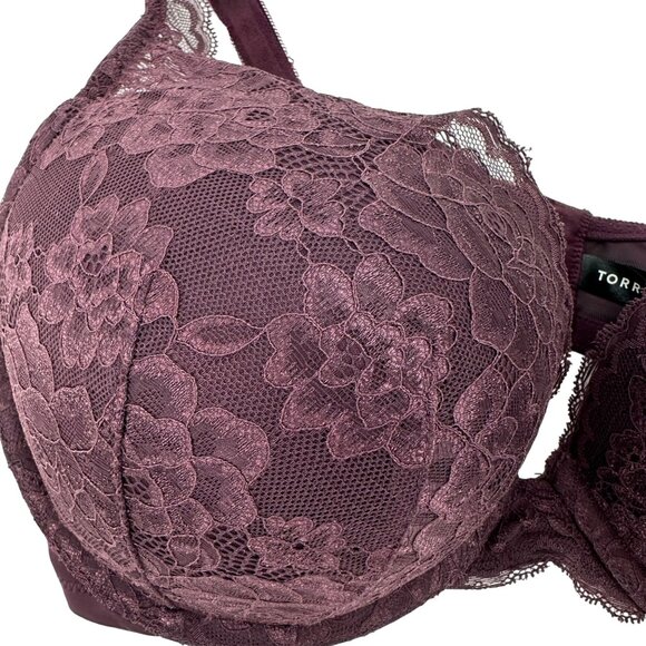 Torrid Curve Burgundy Lace Underwire Push-Up Plunge Bra 40DD Nylon & Spandex - Picture 2 of 7
